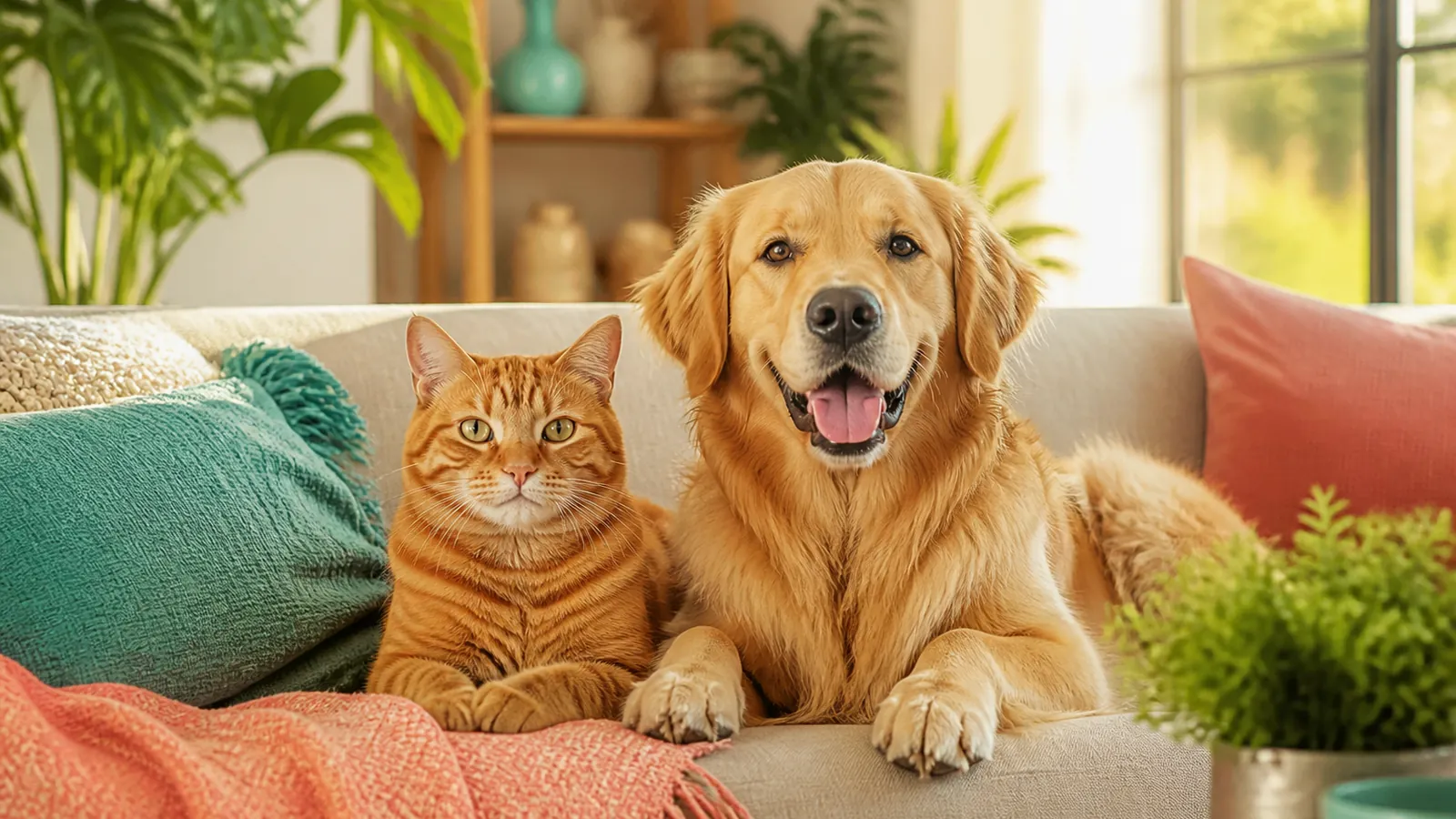 Un chat et un chien heureux réunis dans un salon chaleureux