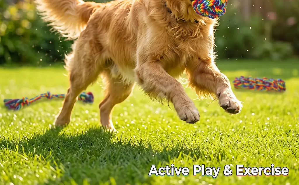 Chien jouant avec un jouet en corde dans l'herbe