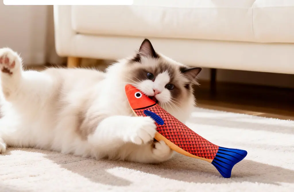 Chat jouant avec un poisson à l'herbe à chat