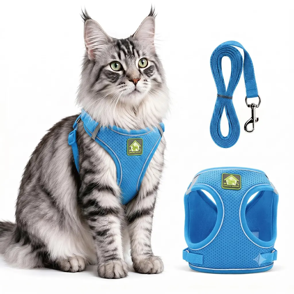 Chat portant le harnais anti-fugue bleu
