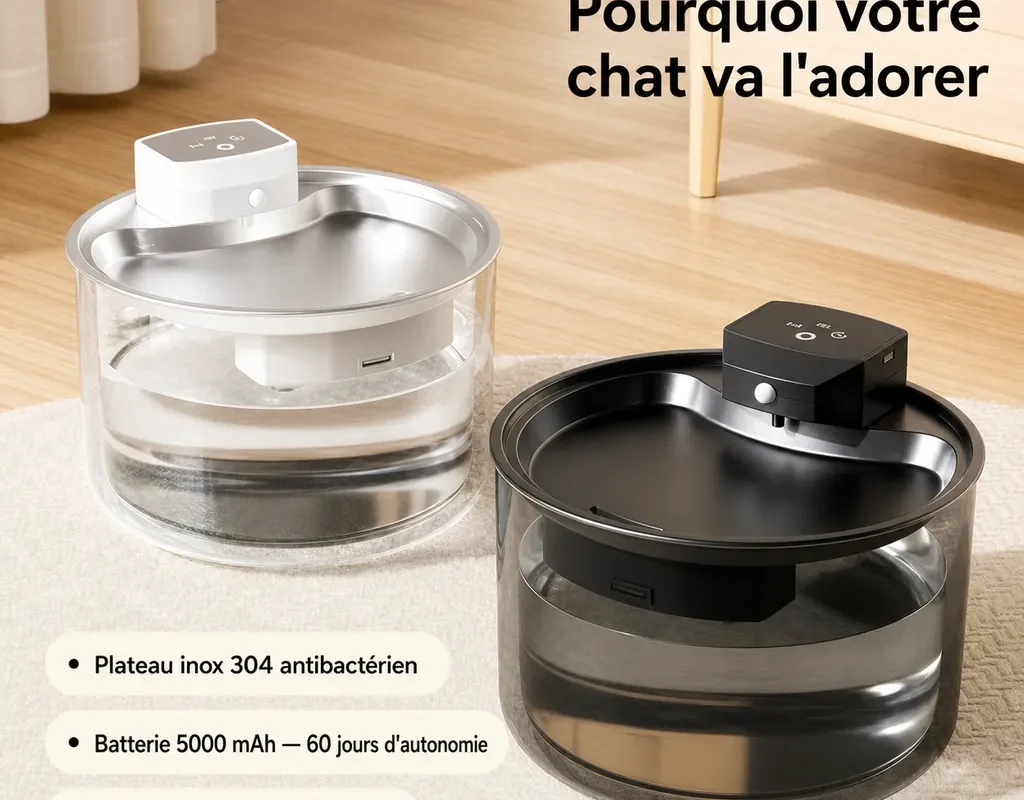 Fontaine à eau pour chat sans fil, plateau inox 304 antibactérien, batterie 5000 mAh 60 jours, modèles blanc et noir