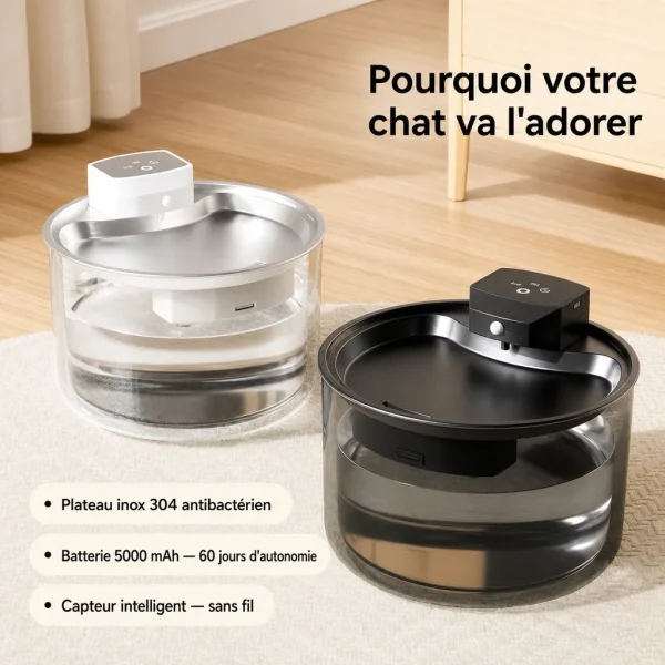 Fontaine à eau pour chat sans fil, plateau inox 304 antibactérien, batterie 5000 mAh 60 jours, modèles blanc et noir