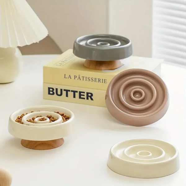 Gamelles anti-glouton en ceramique avec socle en chene, coloris beige, taupe et gris